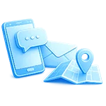 Image of a mobile phone with a message typing bubble inside of the screen, an email, and a map with a drop pin